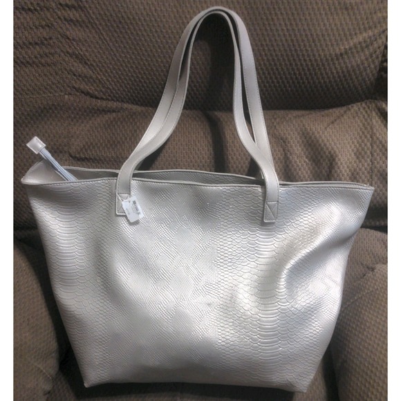 Bath & Body Works Handbags - Bath & Body Works Large Silver Faux Leather Snakeskin Texture Tote Bag Purse